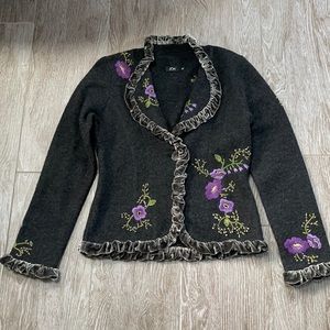 TERI JON FLORAL EMBROIDERED DARK GRAY WOOL JACKET